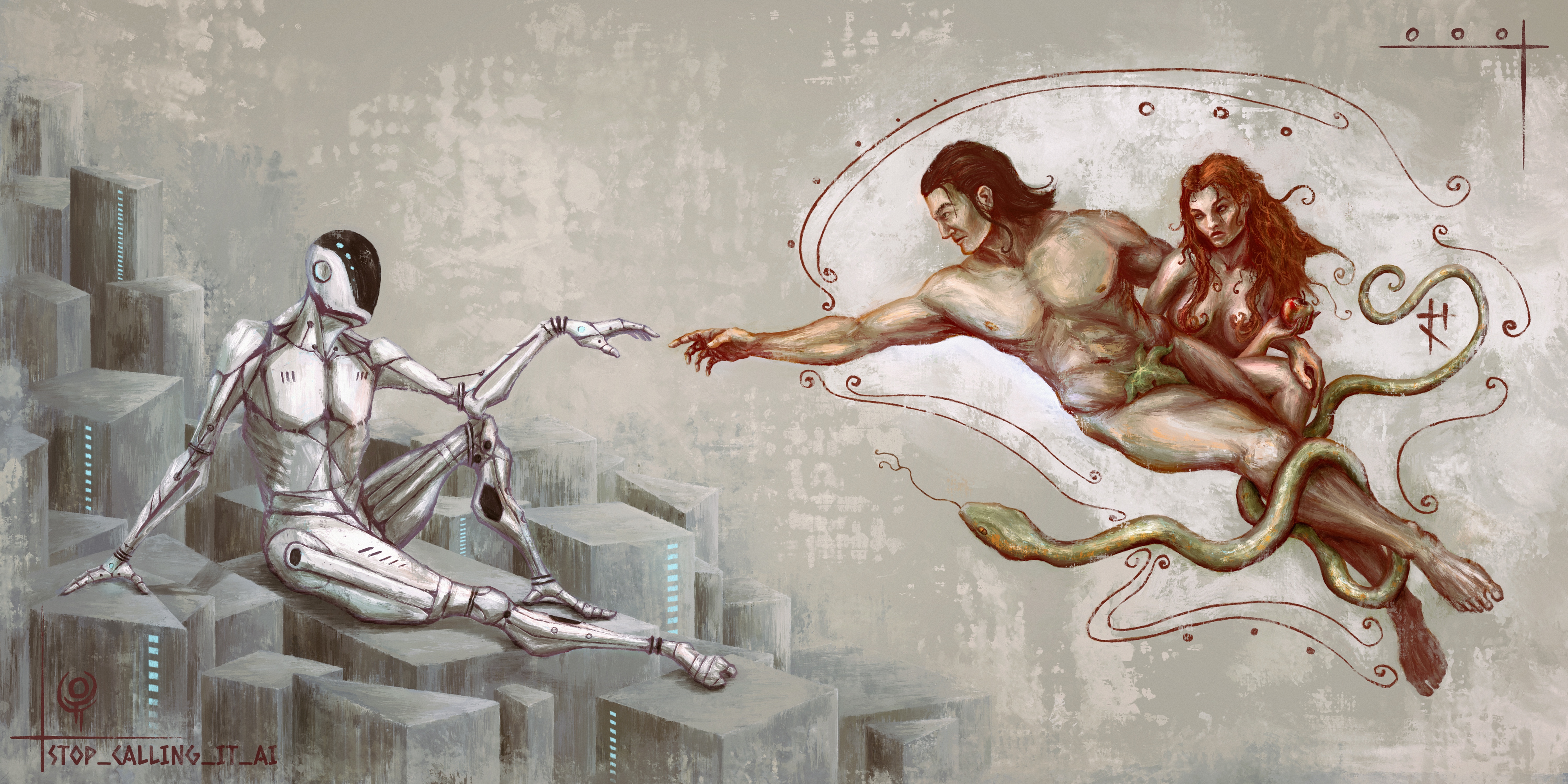 Digital art — sci-fi reimagining of the Creation of Adam
